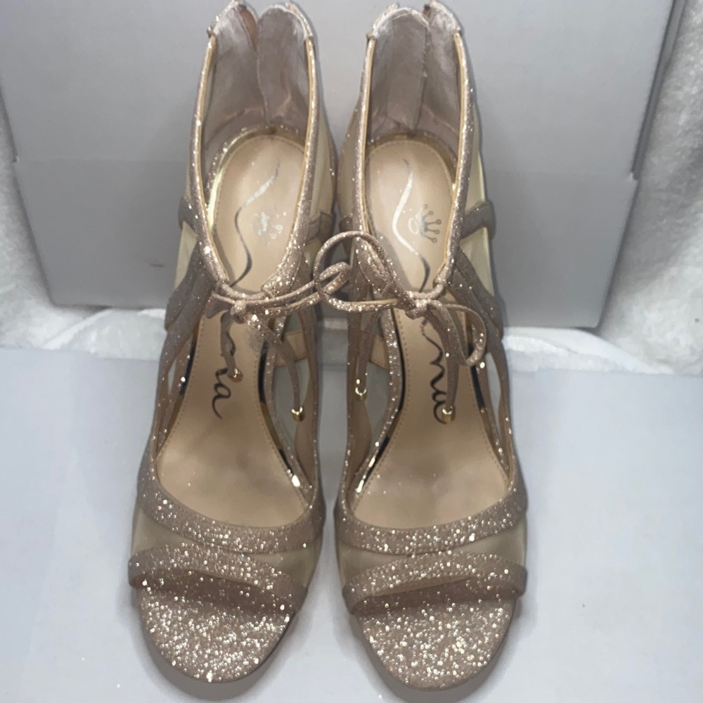 Nina Glitter T‑Strap Heels in Rose Gold